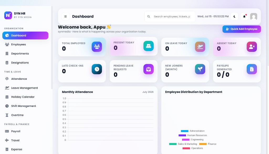 SYN HR dashboard — employees, attendance, leave & payroll